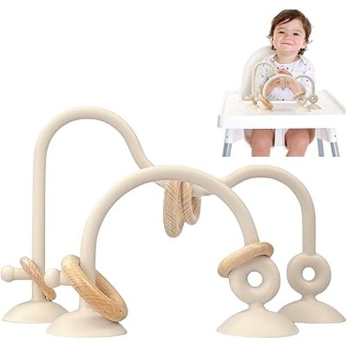 LYNSAN Suction Cup Toys Baby Silicone High Chair Toy with Wooden Rings Educational Montessori Sensory Learning Toys Gift for Kindergarten Bath Airplane Travel Car Toddlers Kids Boys Girls, Beige