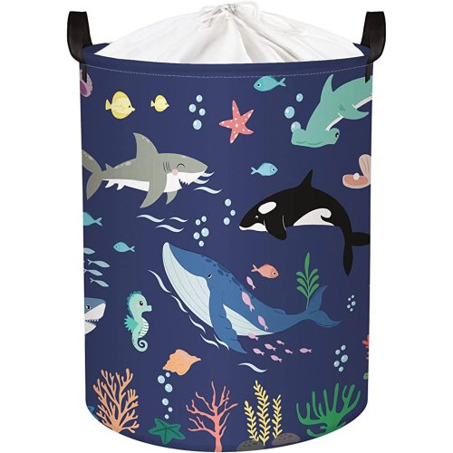 Clastyle 45L Ocean Animals Waterproof Kids Laundry Basket for Bedroom Collapsible Shark Sea Turtle Octopus Laundry Hamper with Drawstring, 14.2 * 17.7 in