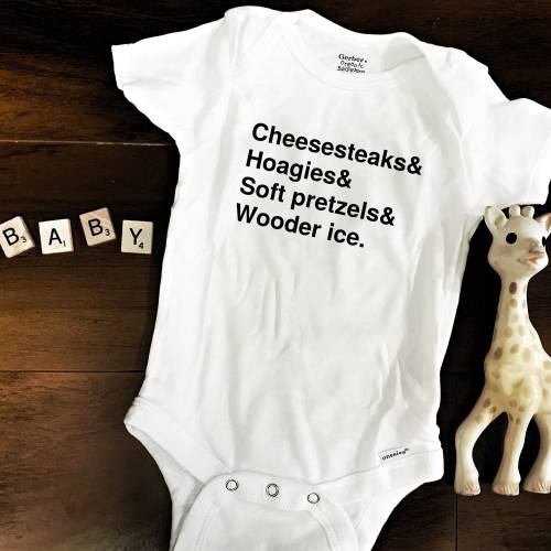 Philly Food Baby Bodysuit: Cheesesteaks, Pretzels, Wooder Ice