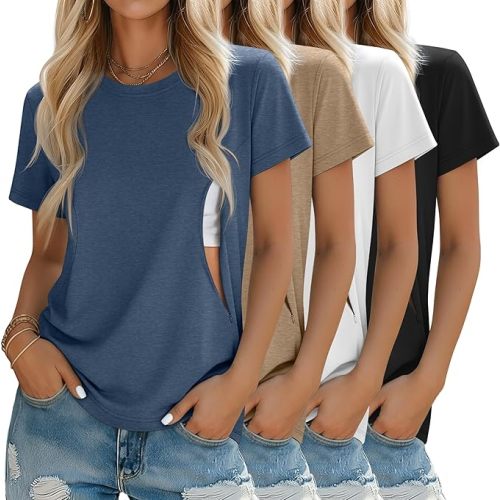 4 Pack Women's Nursing Breastfeeding Shirts with Zipper Loose Fit Short Sleeve Maternity Top Nursing Clothes