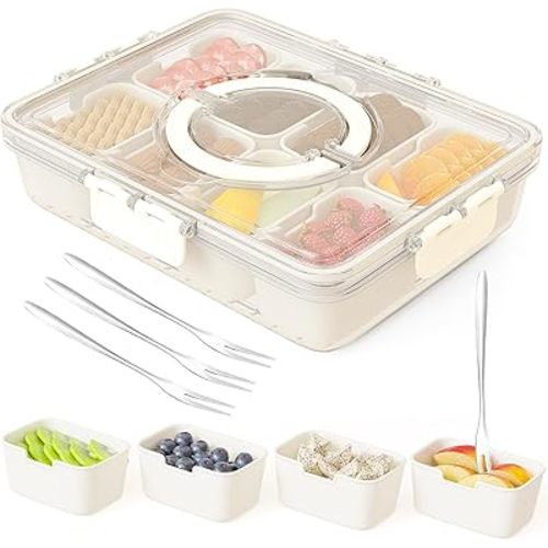 Snackle Box Container,Portable Snack Box 8 Compartment Divided Serving Tray with Lid,Clear Storage Organizer for Fruit Candy Nuts Veggie-Perfect for Road Travel Party (1 Pack-Dishwasher Safe)