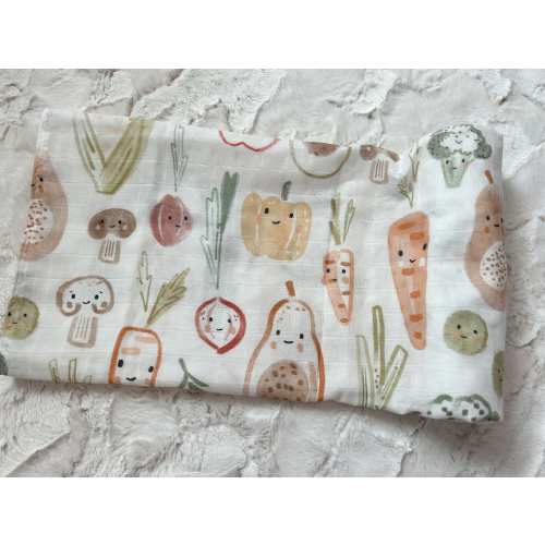 Boho Veggies Swaddle, Organic Cotton Muslin, Crib Bed, Spring Farm Baby Swaddle Blanket, Newborn Swaddle, Neutral Baby Gift, Vegetable Baby