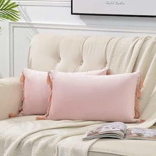 Fancy Homi 2 Pack Blush Pink Lumbar Decorative Throw Pillow Covers 12x20 Inch with Tassels for Living Room Couch Bedroom, Soft Velvet Solid Rectangle Cushion Case 30x50 cm, Boho Home Decor