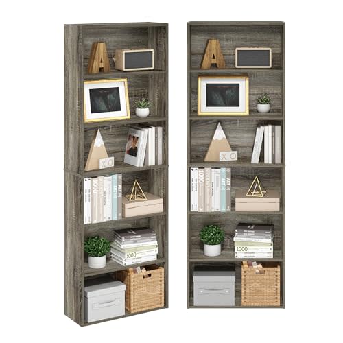 Furinno Jaya 6-Tier Book Shelf Set of 2, with Open Shelf, French Oak | 9.5 x 24.6 x 71, Tall, Standing Bookshelf, Modern Bookcase, for Organization and Storage, for Home Office, Living Room