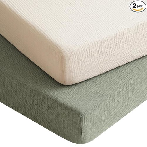 Konssy Muslin Crib Sheets for Boys, Soft Cotton Neutral Baby Sheets for Standard Crib Mattress 2 Pack, 52"x28" (Fog Green,Cream)