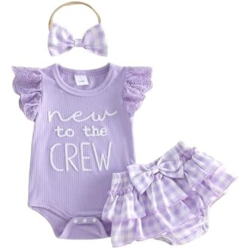 Madjtlqy She is Here Newborn Outfit Baby Girl Clothes 0 3 6 9 12 18 Months Ruffle Sleeve Romper Headband Shorts Set