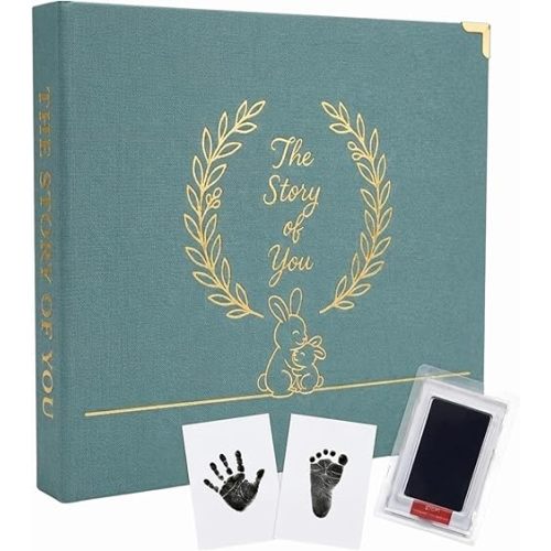 Baby Memory Book Keepsake Journal – First 5 Years, Gender Neutral, Newborn Photo Album & Milestone Book with Hand & Footprint Kit, Scrapbook Gift for Baby Shower (Green)