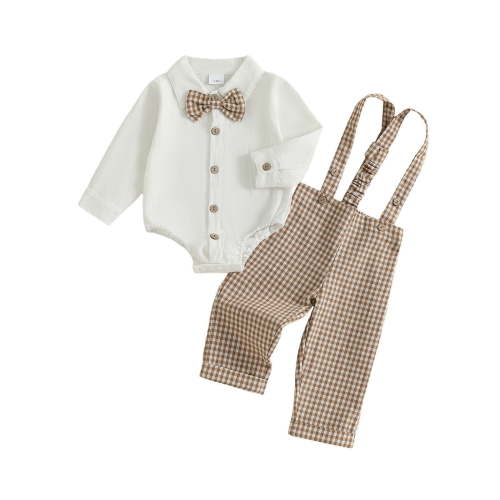 shqvo Newborn Infant Baby Boy Outfits Suit Bowtie Button Dress Romper Plaid Suspender Overalls Pants Set Gentleman Wedding Clothes Formal Wear