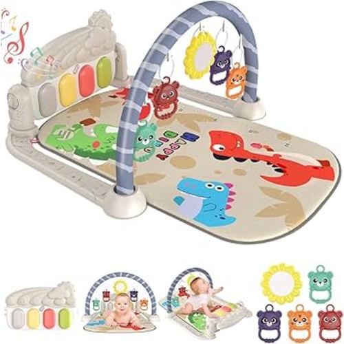 dearlomum Baby Gym Play Mat with 4-Key Musical Piano Play Activity Center with Hanging Toys Tummy Time Mat for Infants and Toddlers Lights Sounds and Sensory Development (Blue-Grey Dino Style)