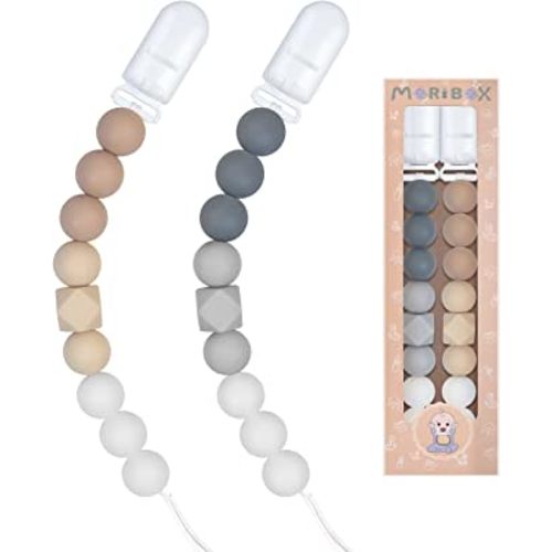 Pacifier Clips for Baby Boys Girls 2 Pack (Beige Grey)