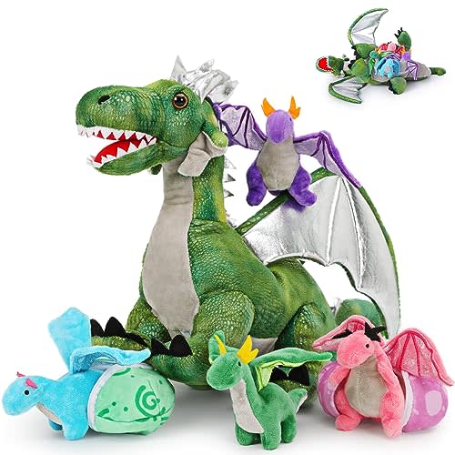 7Pcs Giant Green Dragon Plush Toy Set, 21.7" Big Mother Dragon Stuffed Animal with 4 Babies & 2 Eggs, Stuffed Dinosaurs for Kids Boys Girls, Cute Soft Plushies Gift for Birthday Christmas
