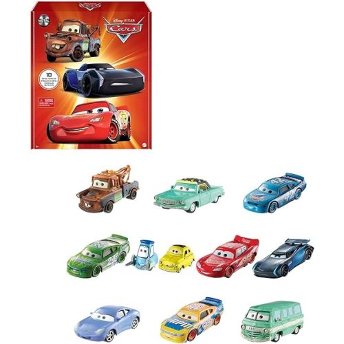 Mattel Disney and Pixar Cars Set of 10 Die-Cast Mini Racers Vehicles, Collectible Set of 1:55 Scale Toy Cars Inspired by Movies