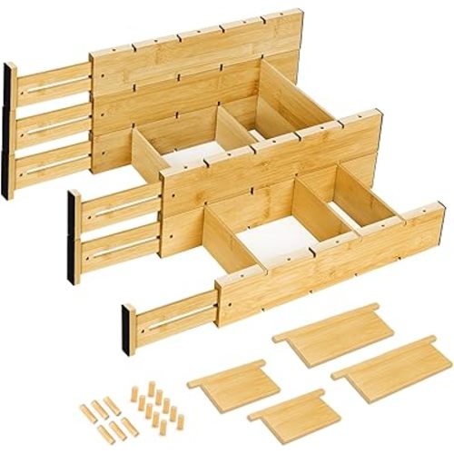 6PCS Bamboo Drawer Dividers with Inserts, Expandable Kitchen Utensil Drawer Organizers,Adjustable drawer organizer for deep drawers Dresser Closet Underwear Storage Bedroom Bathroom Drawers(16.6"-22")