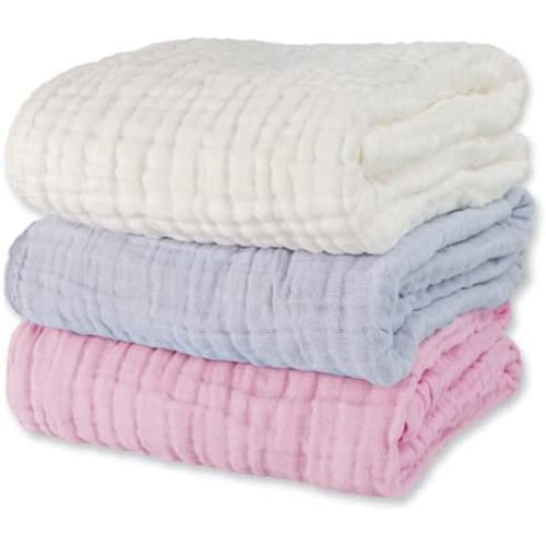 Muslin Baby Bath Towels 3 Pack Ultra Soft and Absorbent Baby Towels Infant Toddler Muslin Towel 6-Layer Natural Cotton Towel Suitable for Girl 40x40 inches (White&Pink&Grey)