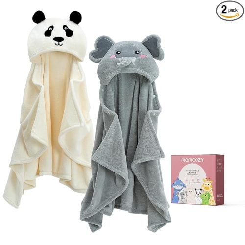 Momcozy Baby Bath Towels with Visualize Health Label - Ultra Soft & Absorbent Coral Fleece Hooded Towels for Newborn, Infant, Toddler (0-36 Months) Bath Essentials (Large Size,2 Pack)