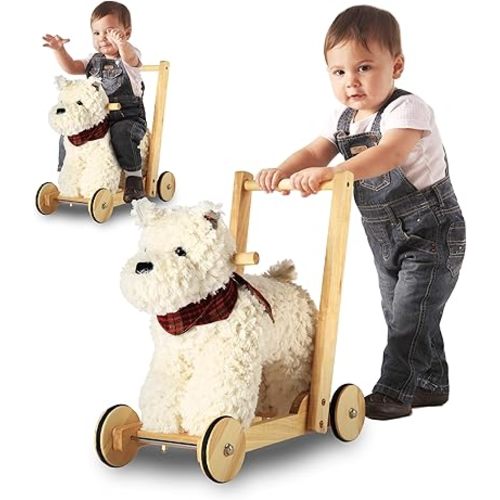 Wooden Baby Walker, Baby Push Walker with Wheels for 12M+, Toddler Learning to Walk Toy with Sweet Music ＆ Animal Seat 2 in 1 Sit-to-Stand Walker Toy Gift for Boy Girl (Scottie Dog)