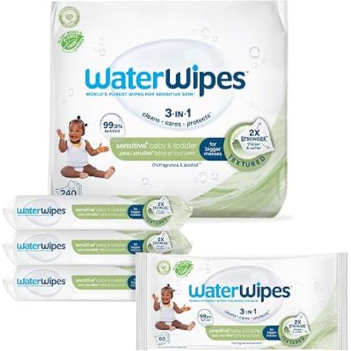 WaterWipes Sensitive+ Baby & Toddler Wipes, 3-In-1 Cleans, Cares, Protects, 99.9% Water, Textured Clean, Unscented & Hypoallergenic, 240 Count (4 Packs)