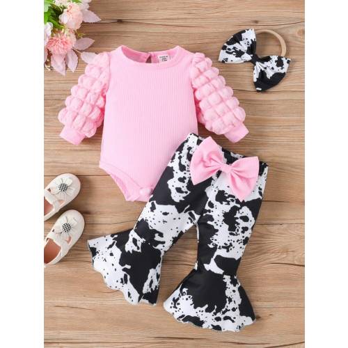 SHEIN Baby Girl 3pcs/Set Round Neck Bubble Long Sleeve Bodysuit + Flared Pants + Bow Headband | SHEIN USA