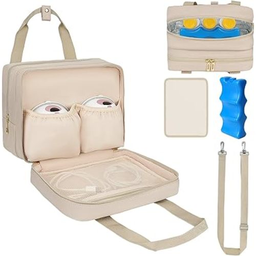 Breastmilk Cooler Travel Bag, Wearable Breast Pump Storage Bag Compatible with Momcozy/Medela/Elvie/Willow Breast Pump with Ice Pack and Waterproof Mat,Khaki