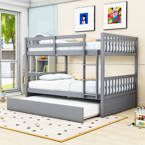 Harriet Bee Kelsa Full Over Full Wooden Bunk Bed With Built-In Trundle, Ladder And Safety Guardrails & Reviews | Wayfair