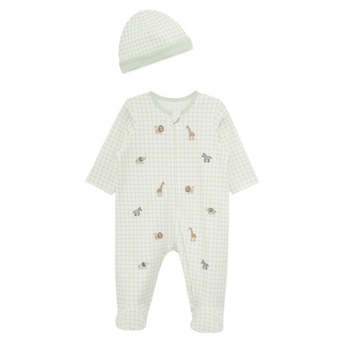 Jungle Grid Embroidered Cotton Footie & Hat Set (Nordstrom Exclusive)