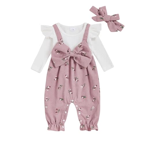 mlpeerw Newborn Baby Girl Clothes Ruffle Sleeve Jumpsuit Corduroy Floral Romper+Headband Cute Fall Winter One Piece Outfit
