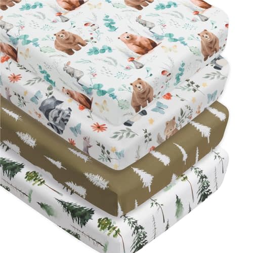 4 Pack Woodland Forest Animals Wood Neutral Unisex Fitted Baby Crib Sheets Set for Baby Boys or Girls (Cartoon Beer, 52 * 28)