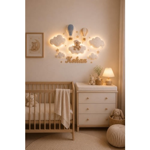 Personalized Bear Nursery Wall Decor, Teddy Bear Night Light, Baby Name Sign, Cloud Nursery Decor