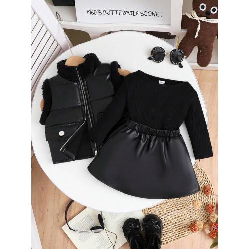 SHEIN 3pcs/Set Baby Girl Fashion Street Vintage Elegant Faux Fur Vest Jacket Paired With Black Ribbed Long Sleeve Tee And Black Pleated Skirt, Autumn/Winter | SHEIN