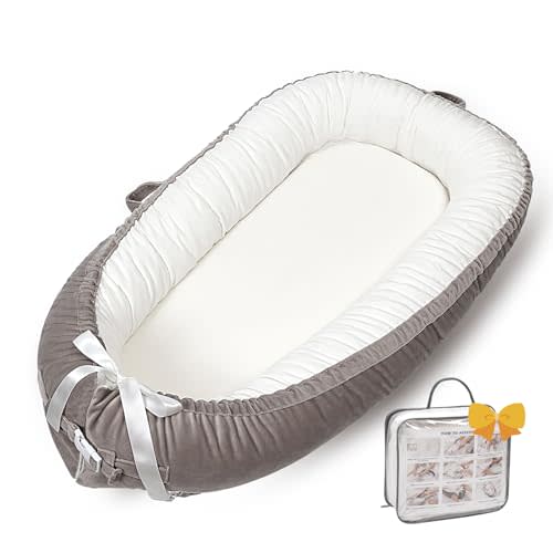 Baby Lounger-Breathable and Soft Organic 100% Cotton, Portable Infant Lounger with Removable Lounger Cover, Floor Lounger for Newborn - Grey White
