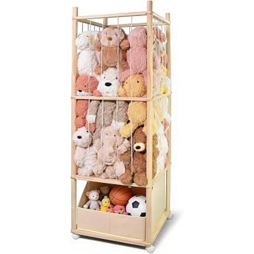 Stuffed Animal Storage with Tiny Toys Tray, Wood Stuffed Animal Zoo Storage with Brake Wheels, Space-Saving Plushie Playhouse for Nursery, Playroom, Kids Bedroom- Easy Assembly