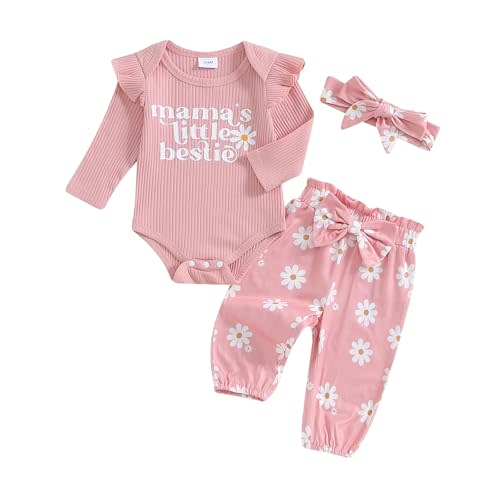 Arvbitana Infant Baby Girl Long Sleeve Mama's Little Bestie Letter Print Ribbed Romper Elastic Daisy Pants Headband Outfits