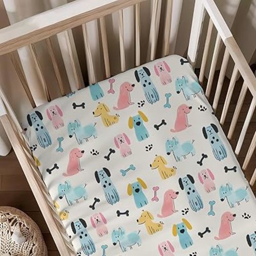 Cute Cartoon Dogs Pattern Baby Sheets for Crib, Unisex Dogs Theme Nursery Fitted Bed Sheet for Boys Girls Standard Crib and Toddler Mattress-28x52