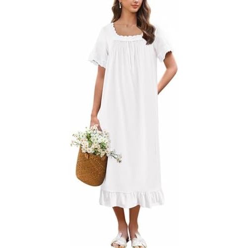 Ekouaer Cotton Nightgowns for Women Vintage Victorian Nightgown Short Sleeve Lace Night Gown Long Nightdress Soft Nightshirt