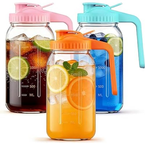 3-Pack 64oz Glass Mason Jar Pitchers with Leak-Proof Lids and Handles – Wide Mouth Design for Sun Tea, Cold Brew, Lemonade, Juice, Iced Tea, and Water (Green&Pink&range)
