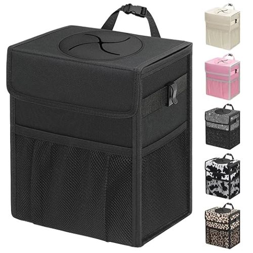 Capolo Car Trash Can with Lid, Leakproof Car Garbage Can Car Trash Bag | Waterproof, Trash Can for Car, 3 Mesh Pockets, Mini Hanging Vehicle Car Trash Bin, for Back/Front Seat (Black,2.5 Gal)