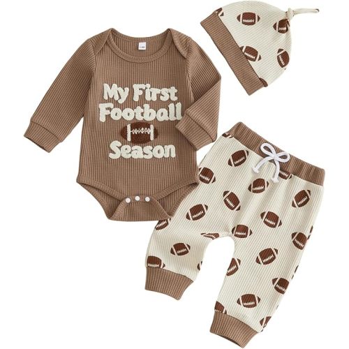 Newborn Baby Boy Clothes Football Outfits Embroidered Waffle Long Sleeve Romper Pants Hat Fall Winter 3 Piece Set