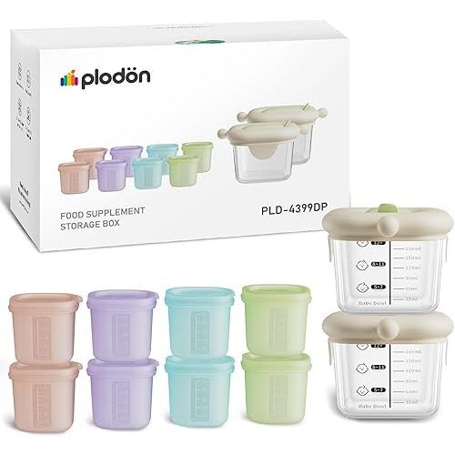 7oz Borosilicate Glass Baby Food Storage Jars with Silicone Lid Set (2 PCS), 1.7oz Airtight Silicone Cups (8 PCS) Baby Food Containers, Microwave Dishwasher Freezer Safe (Infant and Babies)