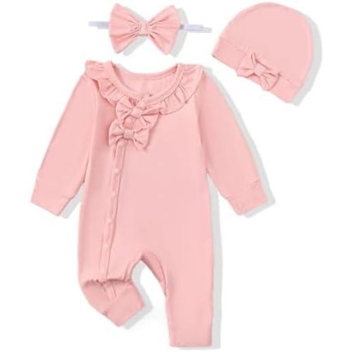Mikrdoo Newborn Infant Baby Girl Clothes Fall Winter Outfits Long Sleeve Zipper Rompers with Headband