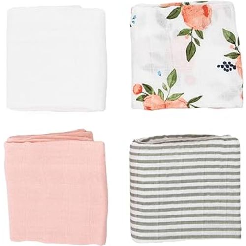 Little Unicorn Cotton Muslin Squares 4 Pack | Nursing, Burping, Feeding, Wiping, Spills | Super Soft and Lightweight Blanket for Baby Boys and Girls | 27.5” x 27.5” | Watercolor Roses Set