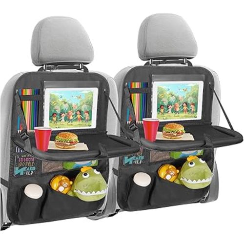 Back Seat Car Organizer with Tablet Holder-2 Pack,6 Storage Pockets Car Storage Organizer with Foldable Food Tray Seat Back Protectors Kids Kick Mats for Travel