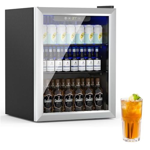 Erivess Compact Beverage Refrigerator,76 Can/1.7 Cubic Feet Fridge with Glass Front Door for Soda, Beer or Wine, Under Counter Small Refrigerator with Adjustable Shelve & Digital Display