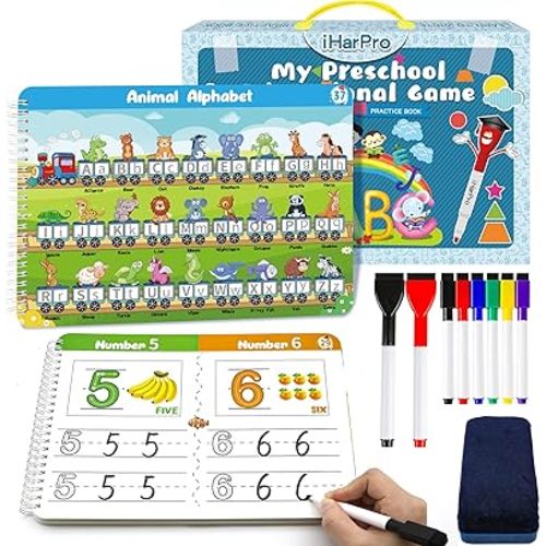 Handwriting Practice Tracing Books for Kids Ages 3-5, Montessori Preschool Learning Activity, Autism Educational Learn Number Letters Shapes Animal & Sight Words Workbook with 8 Dry Erase Markers