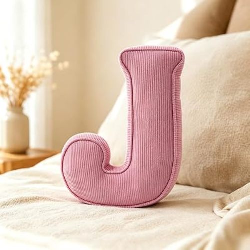 Pink Letter Plush Pillow, Letter Hugging Throw Pillows, Decorative Corduroy Initial Letter Shaped Throw Pillows, Letter Pillows English Alphabet A to Z for Sofa Bedroom Living Room Decor (J)