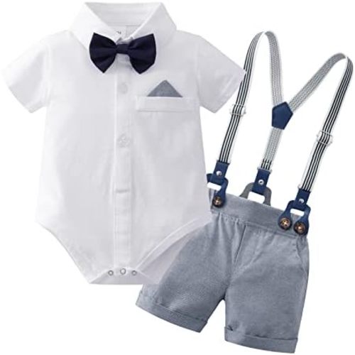 YUEMION Infant Baby Boy Clothes Gentleman Outfits Suits Summer Short Sleeve Bowtie Bodysuit Shirts + Suspender Shorts(0-24M)