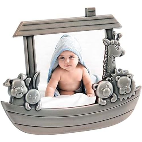 Creative Gifts International Noah's Ark Newborn Baby Photo Frame, 3"x3", Non-tarnish Brushed Pewter Finish, Gift Box Included