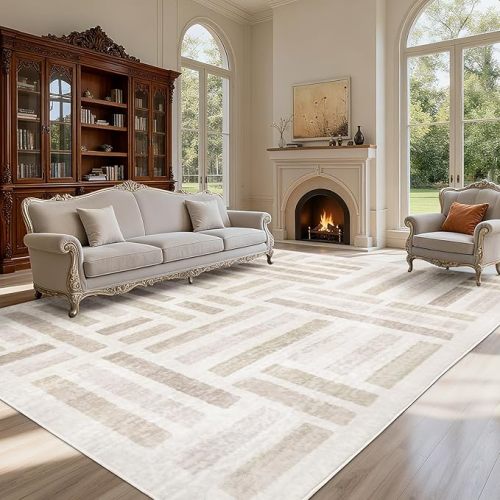 Washable Area Rugs, 8x10ft Soft Rug for Living Room and Bedroom Vintage Striped Rug Stain Resistant with Non Slip Backing Geometric Checkered Foldable Print Mat for Home Decor