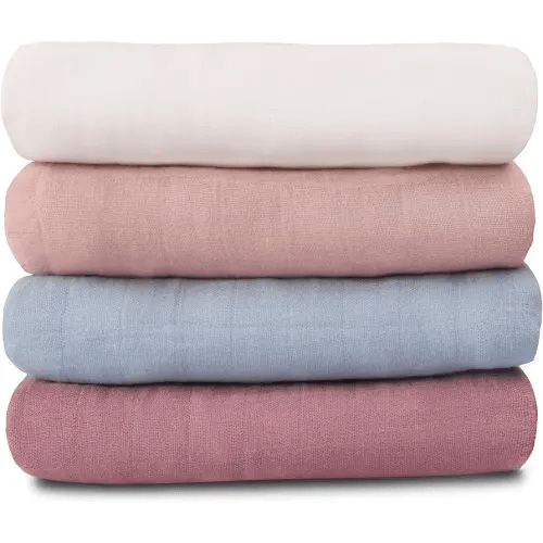 Meracorallo Muslin Swaddle Blanket Silky Soft Receiving Blanket Neutral Swaddle Wrap for Baby Boys and Girls, 47 x 47 inches, Set of 4 Solid Color (White+Blue+Pink+Purple)