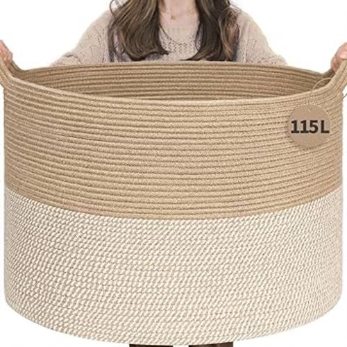 INDRESSME 115L Extra Large Woven Baskets for Storage, Wicker Basket for Living Room Decor Laundry Baskets for Blankets Clothes Pillows Towel Shoe Basket for Entryway, White & Jute