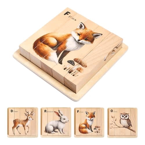 Wooden Forest Animal Puzzles Toy for Toddlers 1-3, 4-in-1 Montessori Toys Learning Educational Chunky Puzzle for 2-4 Years Old, Baby Boys Girls Gifts